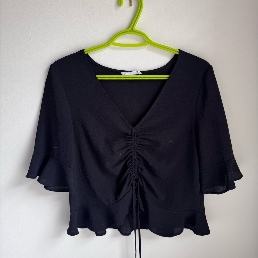 Elodie Black Flutter Sleeve Ruched Blouse